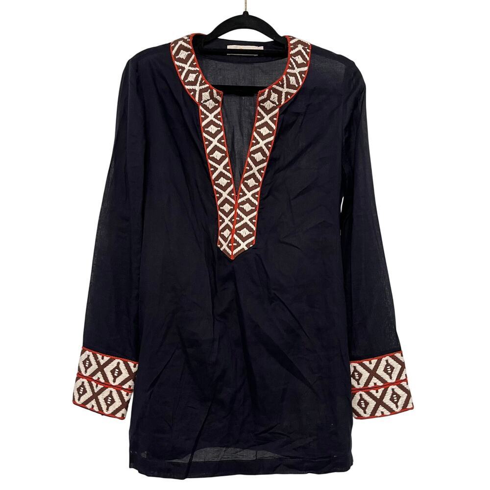 Tory Burch Tunic Long Sleeve Top Navy‎ Size 4 Tribal Beach Cover Embroider Sheer